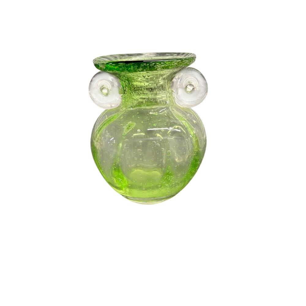 Vintage AMICI Style Hand Blown Glass Round Green Vase 5 1/8" Tall